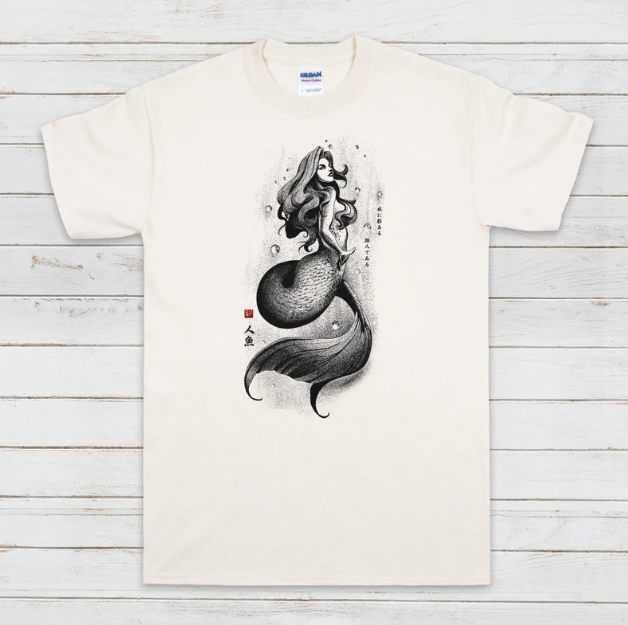 Mermaid Japanese Calligraphy T Shirt Gyotaku Traditional Ukiyo-e Japan Anime Manga Kanji Kyoto Siren Queen Kawaii Womens Mens Printed Tee
