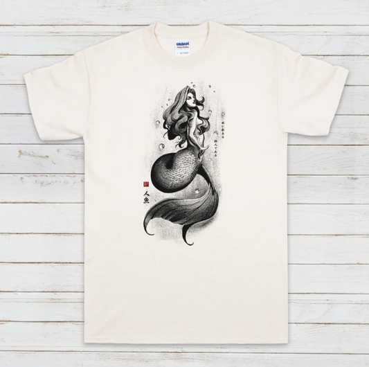 Mermaid Japanese Calligraphy T Shirt Gyotaku Traditional Ukiyo-e Japan Anime Manga Kanji Kyoto Siren Queen Kawaii Womens Mens Printed Tee