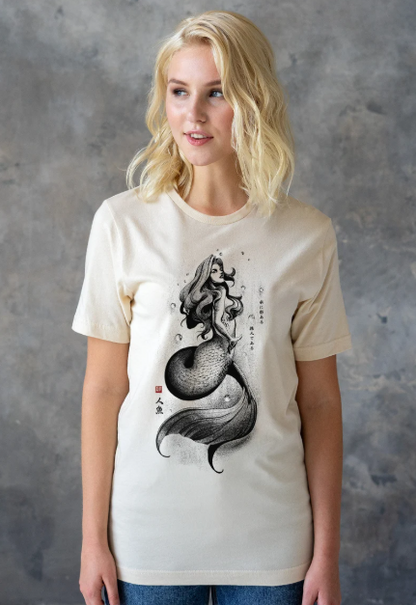 Mermaid Japanese Calligraphy T Shirt Gyotaku Traditional Ukiyo-e Japan Anime Manga Kanji Kyoto Siren Queen Kawaii Womens Mens Printed Tee
