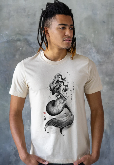 Mermaid Japanese Calligraphy T Shirt Gyotaku Traditional Ukiyo-e Japan Anime Manga Kanji Kyoto Siren Queen Kawaii Womens Mens Printed Tee
